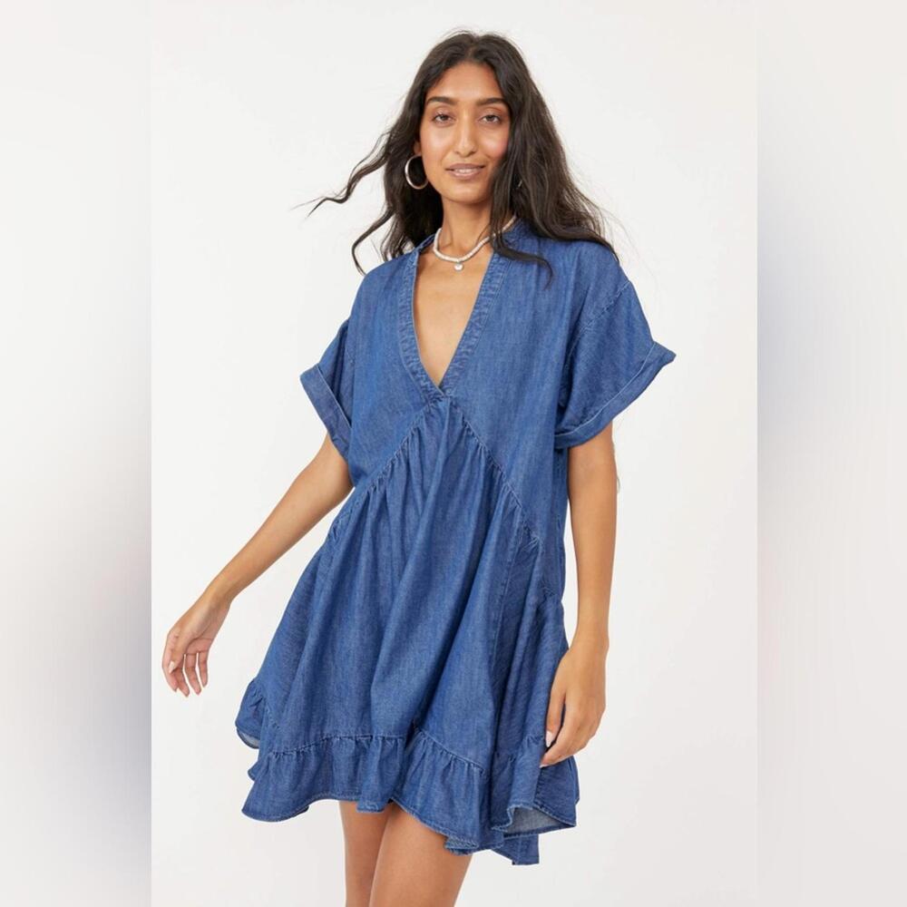 Free People Agnes Denim Ruffled Hem Mini Dress